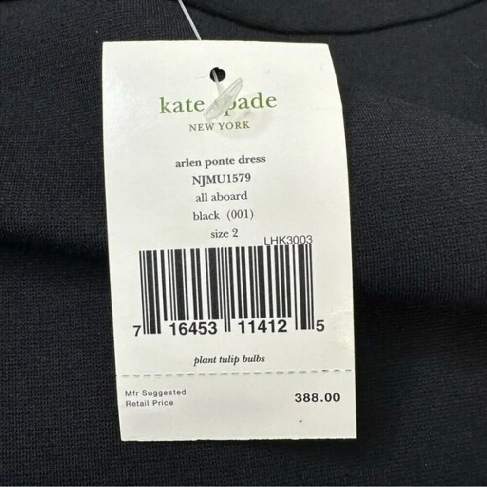 Kate Spade New York Arlen Ponte Dress Black 3/4 Sleeve Bow Drop Waist Size 2 NEW